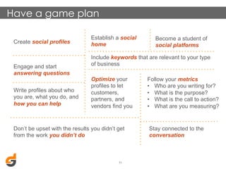 Have a game plan
Create social profiles

Engage and start
answering questions
Write profiles about who
you are, what you do, and
how you can help

Establish a social
home

Become a student of
social platforms

Include keywords that are relevant to your type
of business
Optimize your
profiles to let
customers,
partners, and
vendors find you

Don’t be upset with the results you didn’t get
from the work you didn’t do

31	
  

Follow your metrics
•  Who are you writing for?
•  What is the purpose?
•  What is the call to action?
•  What are you measuring?

Stay connected to the
conversation

 