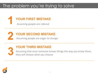 The problem you’re trying to solve

1
2
3

YOUR FIRST MISTAKE
	
  	
  Assuming	
  people	
  are	
  raDonal	
  

YOUR SECOND MISTAKE
	
  Assuming	
  people	
  are	
  eager	
  to	
  change	
  

YOUR THIRD MISTAKE
Assuming	
  that	
  once	
  someone	
  knows	
  things	
  the	
  way	
  you	
  know	
  them,	
  
they	
  will	
  choose	
  what	
  you	
  choose	
  
	
  	
  

4	
  

 