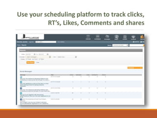 Use your scheduling platform to track clicks,
RT’s, Likes, Comments and shares
 