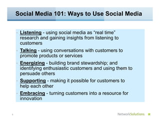 Social Media 101: Ways to Use Social Media


    •    Listening - using social media as “real time”
         research and ...