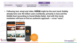 • Following text, emoji and video, voice might be the next trend: Bubbly
already lists over 40 million users worldwide, primarily in Asia and the
Middle East (according to Social Media Daily). And with this trend,
marketers will have to find an authentic approach – a true “voice”.
WHO WHERE WHEN HOW WHY WHAT
Demographics Geographies /
locations
Social media & the
path to purchase
Device trends What consumers
are looking for
Content and
behavior trends
 