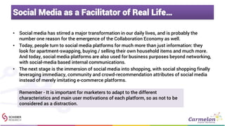 Social Media as a Facilitator of Real Life…
• Social media has stirred a major transformation in our daily lives, and is probably the
number one reason for the emergence of the Collaboration Economy as well.
• Today, people turn to social media platforms for much more than just information: they
look for apartment-swapping, buying / selling their own household items and much more.
And today, social media platforms are also used for business purposes beyond networking,
with social-media based internal communications.
• The next stage is the immersion of social media into shopping, with social shopping finally
leveraging immediacy, community and crowd-recommendation attributes of social media
instead of merely imitating e-commerce platforms.
Remember - It is important for marketers to adapt to the different
characteristics and main user motivations of each platform, so as not to be
considered as a distraction.
 