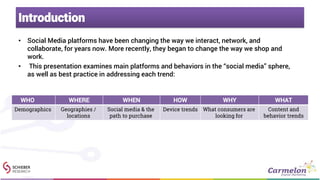 Introduction
• Social Media platforms have been changing the way we interact, network, and
collaborate, for years now. More recently, they began to change the way we shop and
work.
• This presentation examines main platforms and behaviors in the “social media” sphere,
as well as best practice in addressing each trend:
WHO WHERE WHEN HOW WHY WHAT
Demographics Geographies /
locations
Social media & the
path to purchase
Device trends What consumers are
looking for
Content and
behavior trends
 