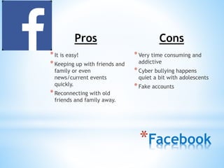 Pros 
* It is easy! 
* Keeping up with friends and 
family or even 
news/current events 
quickly. 
* Reconnecting with old 
friends and family away. 
Cons 
* Very time consuming and 
addictive 
* Cyber bullying happens 
quiet a bit with adolescents 
* Fake accounts 
*Facebook 
 