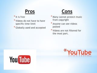 Pros 
* It is free 
* Videos do not have to have 
specific time limit 
* Globally used and accepted 
Cons 
* Many cannot protect music 
from copyright 
* Anyone can see videos 
posted 
* Videos are not filtered for 
the most part. 
*YouTube 
 