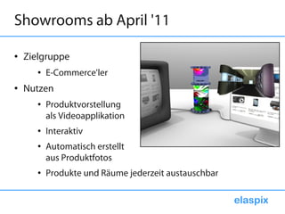 Showrooms ab April '11

●   Zielgruppe
       ●   E-Commerce'ler
●   Nutzen
       ●   Produktvorstellung
           als Videoapplikation
       ●   Interaktiv
       ●   Automatisch erstellt
           aus Produktfotos
       ●   Produkte und Räume jederzeit austauschbar

                                                       elaspix
 