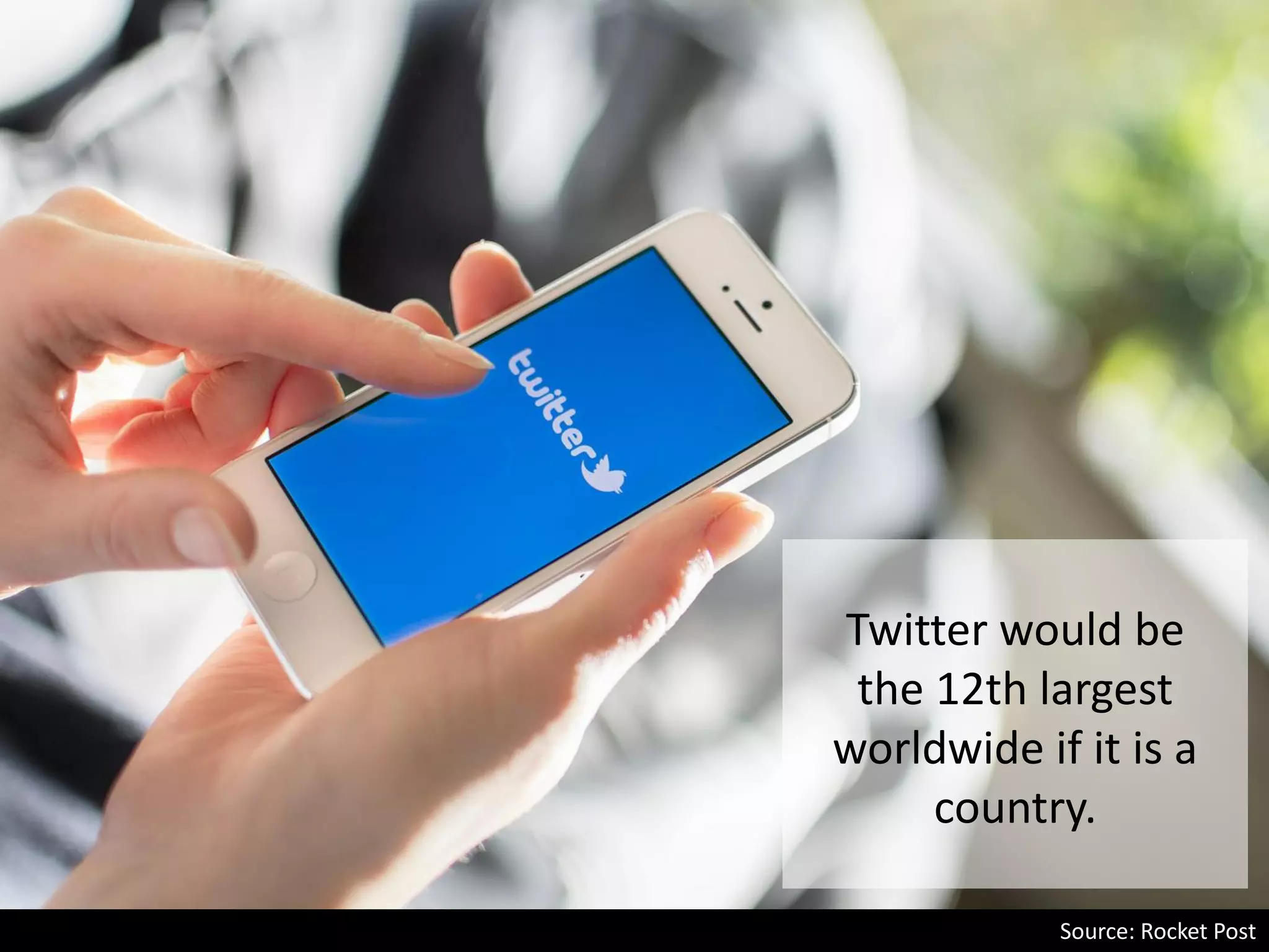 Twitter would be
the 12th largest
worldwide if it is a
country.
Source: Rocket Post
 
