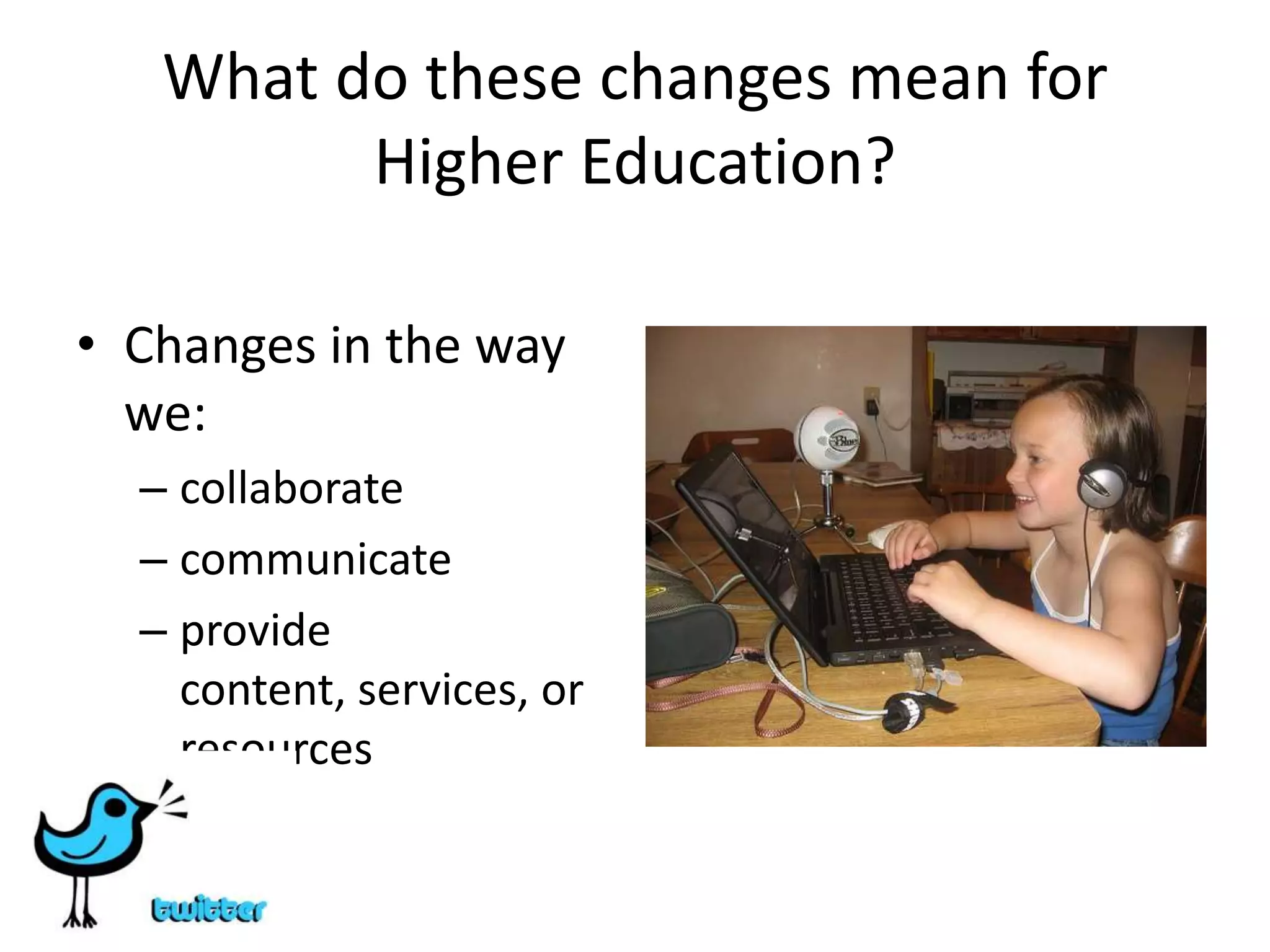 Educational Social Softwareaka Web 2.0 ToolsESS enable:lower the barriers to participation and self-authoring:Web-based & easy-to-useCommunity-based  & sense of ownership increased capacity for working together (social interaction, collaboration, resource sharing)mashupspersonalization:  goals, interface, “networked tools that support and encourage individuals to learn together while retaining individual control over their time, space, presence, activity, indentity, and relationship.~ Terry Anderson, Ch.9, p.227Theory and Practice of Online Learning