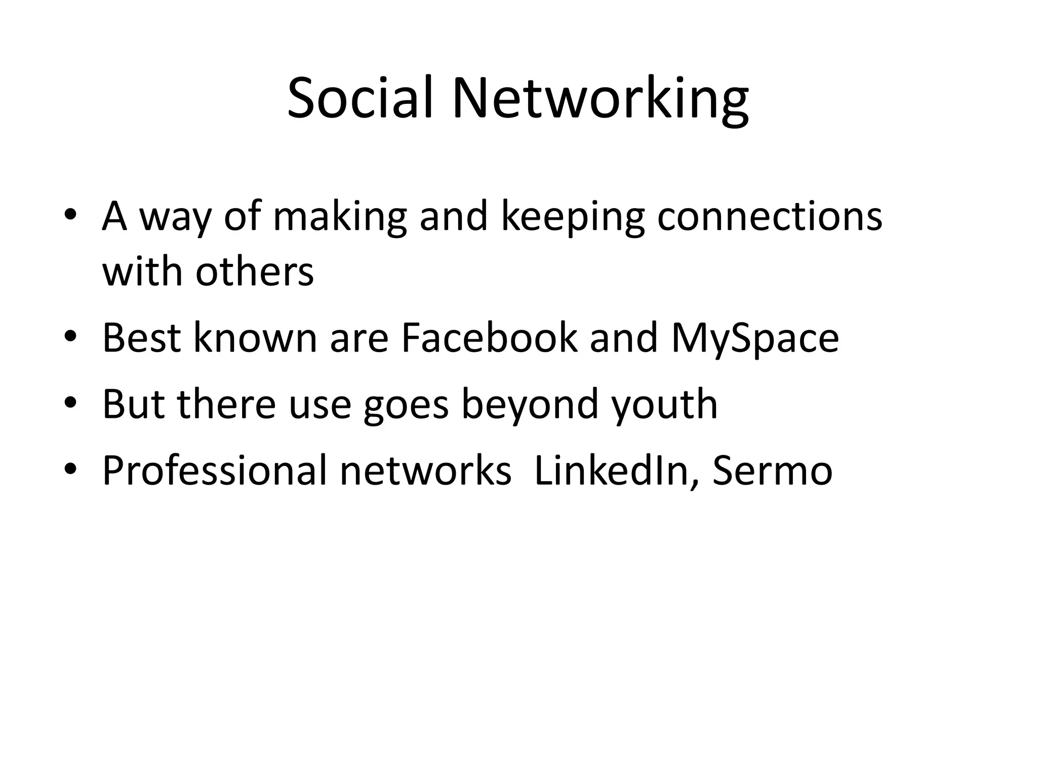 Social Media Sharing ServicesExample educational uses:Podcasts can be used to provide introductory material before lectures, or, more commonly, to record lectures and allow students to listen to the lectures again, either because they were unable to attend, or to reinforce their learning. audio tutorial material and/or exemplar recordings of native speakers to foreign language learners.Vodcasts for experimental procedures in advance of lab sessions   Distribution and sharing of educational media and resources. For example, an art history class could have access to a set of art works via a photo sharing system.The ability to comment on and critique each others work; including by people on other courses or at other institutions.Flickr allows for annotations to be associated with different areas of an image and for comments to be made on the image as a whole, thereby facilitating teacher explanations, class discussion, and collaborative comment. It could be used for the example above.FlickrCC18 is a particularly useful ancillary service that allows users to find Creative Commons licensed images that are freely reusable as educational resources.Instructional videos and seminar records can be hosted on video sharing systems. Google Video allows for longer higher quality videos than YouTube, and contains a specific genre of educational videos.