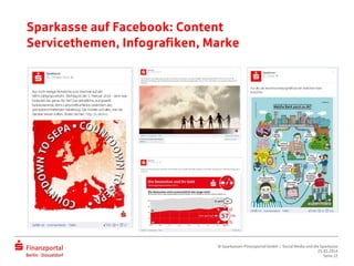 Sparkasse auf Facebook: Content
Servicethemen, Infografiken, Marke
© Sparkassen-Finanzportal GmbH | Social Media und die Sparkasse
25.03.2014
Seite 22
 