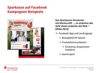 Sparkasse auf Facebook
Kampagnen Beispiele
Das Sparkassen-Girokonto
mit Martina Hill - „Je einfacher das
Geld. Desto einfacher die Welt .“
(Mitte 2013)
 Facebook-App und Landingpage
 Bewegtbild (TV-Spots)
 Produktkommunikation
 Girokonto, Kooperation
Vodafone
 Gewinnspiel
© Sparkassen-Finanzportal GmbH | Social Media und die Sparkasse
25.03.2014
Seite 27
 