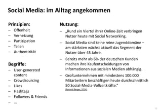 10 
Social Media: im Alltag angekommen 
Prinzipien: 
Offenheit 
Vernetzung 
Partizipation 
Teilen 
Authentizität Begr...