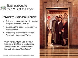 BusinessWeek:
          Gen Y is at the Door

University Business Schools:
 •     Trying to understand the mind-set of
       the potential Gen Y MBAs
 •     Increasing the use of technology in
       the classroom
 •     Embracing social media such as
       Facebook, blogs, and Twitter


   “(Gen Y’s) don't just use the new
   technology that has revolutionized
   business over the past decade—
   they eat, sleep and breathe it.”


                                                                          Door
 Symonds, M., (January 2010) - Business Schools Beware: Gen Y is at the
 
