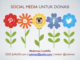 Nukman Luthfie
CEO JUALIO.com | nukman@jualio.com | twitter @nukman
SOCIAL MEDIA UNTUK DONASI
 