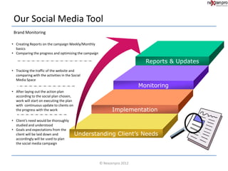 Our Social Media Tool
 Brand Monitoring

• Creating Reports on the campaign Weekly/Monthly
  basics
• Comparing the progress and optimizing the campaign

                                                                            Reports & Updates
• Tracking the traffic of the website and
  comparing with the activities in the Social
  Media Space
                                                                          Monitoring
• After laying out the action plan
  according to the social plan chosen,
  work will start on executing the plan
  with continuous update to clients on
  the progress with the work                                 Implementation
• Client’s need would be thoroughly
  studied and understood
• Goals and expectations from the
  client will be laid down and            Understanding Client’s Needs
  accordingly will be used to plan
  the social media campaign




                                                       © Nexzenpro 2012
 