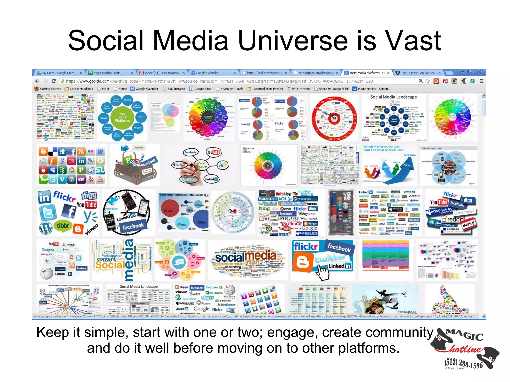 Social Media Universe is Vast




Keep it simple, start with one or two; engage, create community
        and do it well before moving on to other platforms.
 