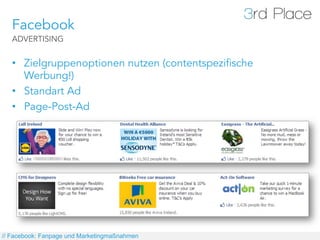 Facebook
   ADVERTISING


   •  Zielgruppenoptionen nutzen (contentspezifische
      Werbung!)
   •  Standart Ad
   •  Page-Post-Ad




// Facebook: Fanpage und Marketingmaßnahmen
 