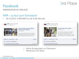 Facebook
   AMERIKANISCHE VERLAGE


   NPR – zu faul zum Schreiben!
   •    30.12.2012: 2.400.000 Fans & 4,2% Aktivität




                             •  Keine Anregungen zur Diskussion
                             •  Wortloses Link teilen

   Socialbakers.com
// Facebook: Fanpage und Marketingmaßnahmen
 