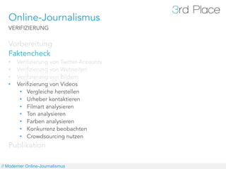Online-Journalismus
   VERIFIZIERUNG

   Vorbereitung
   Faktencheck
   •    Verifizierung von Twitter-Accounts
   •    Verifizierung von Webseiten
   •    Verifizierung von Bildern
   •    Verifizierung von Videos
         •  Vergleiche herstellen
         •  Urheber kontaktieren
         •  Filmart analysieren
         •  Ton analysieren
         •  Farben analysieren
         •  Konkurrenz beobachten
         •  Crowdsourcing nutzen
   Publikation

// Moderner Online-Journalismus
 