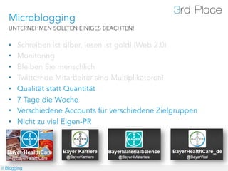Microblogging
   UNTERNEHMEN SOLLTEN EINIGES BEACHTEN!


   •    Schreiben ist silber, lesen ist gold! (Web 2.0)
   •    Monitoring
   •    Bleiben Sie menschlich
   •    Twitternde Mitarbeiter sind Multiplikatoren!
   •    Qualität statt Quantität
   •    7 Tage die Woche
   •    Verschiedene Accounts für verschiedene Zielgruppen
   •    Nicht zu viel Eigen-PR




// Blogging
 