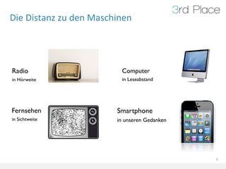 Die	
  Distanz	
  zu	
  den	
  Maschinen	
  




Radio                                  Computer
in Hörweite                            in Leseabstand




Fernsehen                             Smartphone
in Sichtweite                         in unseren Gedanken




                                                            6
 