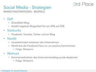 Social Media - Strategien
   MARKETINGSTRATEGIEN - BEISPIELE


   •  Dell
         •  Direct2Dell-Blog
         •  Anzahl negativer Blogartikel fiel von 49% auf 22%
   •  Starbucks
         •  Facebook, Youtube, Twitter und ein Blog
   •  Nestlé
         •  Umweltschützer kritisieren das Unternehmen
         •  Nestlé bat die Facebook-Fans nur um positive Kommentare
             •  Folge: Shitstorm
   •  Walmart
         •  Kommentarfunktion des Unternehmensblog wurde deaktiviert
             •  Folge: Shitstorm



// Strategien für Social Networks
 