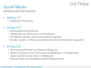 Social Media
   ENTWICKLUNG DER VERLAGE

   •  Verlag 1.0
        •  Klassischer Printverlag


   •  Verlag 2.0
        • ...