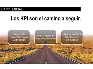 YO POTENCIAL

     Los KPI son el camino a seguir.

       Define KPI                              Métricas acorde al
                         Los KPI deben Ser
     Específicos para                            Objetivo core
                        Objetivos y Medibles
      Cada acción                                Del negocio
 