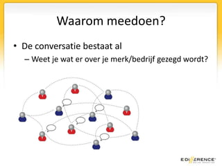 Waarom meedoen?De conversatie bestaat alWeet je wat er over je merk/bedrijf gezegd wordt?