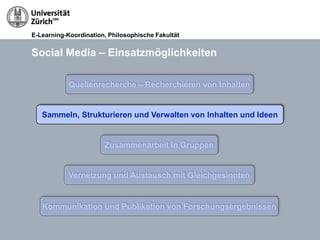 E-Learning-Koordination, Philosophische Fakultät


Social Media – Einsatzmöglichkeiten

            Quellenrecherche – Recherchieren von Inhalten


   Sammeln, Strukturieren und Verwalten von Inhalten und Ideen


                       Zusammenarbeit in Gruppen


            Vernetzung und Austausch mit Gleichgesinnten


   Kommunikation und Publikation von Forschungsergebnissen
 