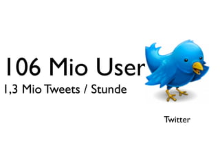 106 Mio User
1,3 Mio Tweets / Stunde

                          Twitter
 