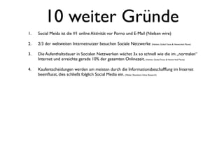 10 weiter Gründe
1.   Social Meida ist die #1 online Aktivität vor Porno und E-Mail (Nielsen wire)

2.   2/3 der weltweiten Internetnutzer besuchen Soziale Netzwerke (Nielsen, Global Faces & Networked Places)

3.   Die Aufenthaltsdauer in Socialen Netzwerken wächst 3x so schnell wie die im „normalen“
     Internet und erreichte gerade 10% der gesamten Onlinezeit. (Nielsen, Global Faces & Networked Places)

4.   Kaufentscheidungen werden am meisten durch die Informationsbeschafffung im Internet
     beeinﬂusst, dies schließt folglich Social Media ein. (Weber Shandwick Inline Research)
 