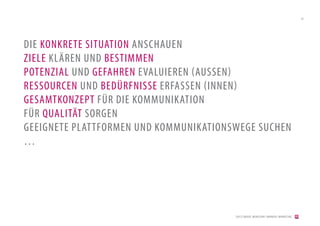 42




DIE KONKRETE SITUATION ANSCHAUEN
ZIELE KLÄREN UND BESTIMMEN
POTENZIAL UND GEFAHREN EVALUIEREN (AUSSEN)
RESSOURCEN UND BEDÜRFNISSE ERFASSEN (INNEN)
GESAMTKONZEPT FÜR DIE KOMMUNIKATION
FÜR QUALITÄT SORGEN
GEEIGNETE PLATTFORMEN UND KOMMUNIKATIONSWEGE SUCHEN
…




                                        [2012] BADER. MENSCHEN I MARKEN I MARKETING
 