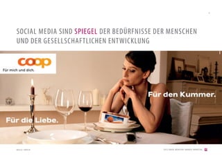 8




SOCIAL MEDIA SIND SPIEGEL DER BEDÜRFNISSE DER MENSCHEN
UND DER GESELLSCHAFTLICHEN ENTWICKLUNG




QUELLE: COOP.CH                            [2012] BADER. MENSCHEN I MARKEN I MARKETING
 