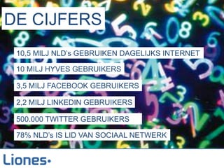 DE CIJFERS
 10,5 MILJ NLD’s GEBRUIKEN DAGELIJKS INTERNET

 10 MILJ HYVES GEBRUIKERS

 3,5 MILJ FACEBOOK GEBRUIKERS

 2,2 MILJ LINKEDIN GEBRUIKERS

 500.000 TWITTER GEBRUIKERS

 78% NLD’s IS LID VAN SOCIAAL NETWERK
 