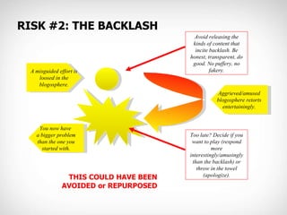 RISK #2: THE BACKLASH A misguided effort is loosed in the blogosphere. Aggrieved/amused blogosphere retorts entertainingly...