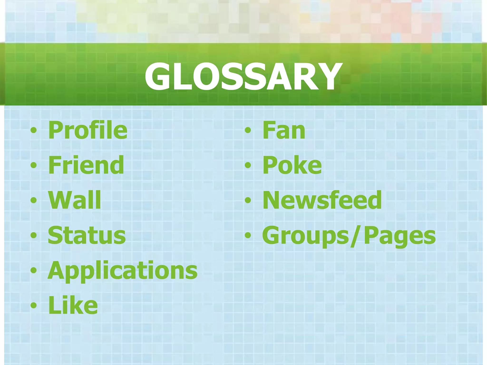 GLOSSARY
•   Profile        •   Fan
•   Friend         •   Poke
•   Wall           •   Newsfeed
•   Status         •   Groups/Pages
•   Applications
•   Like
 