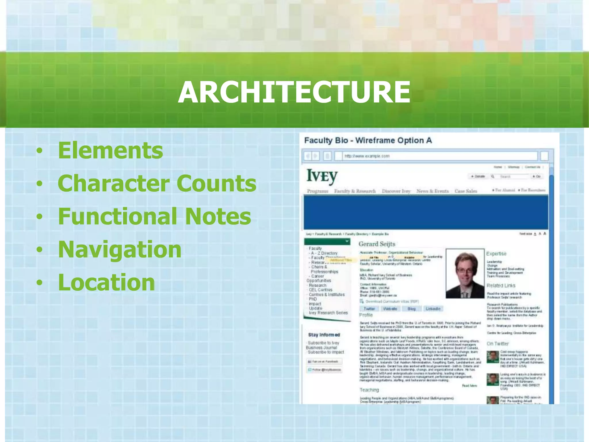 ARCHITECTURE
•   Elements
•   Character Counts
•   Functional Notes
•   Navigation
•   Location
 