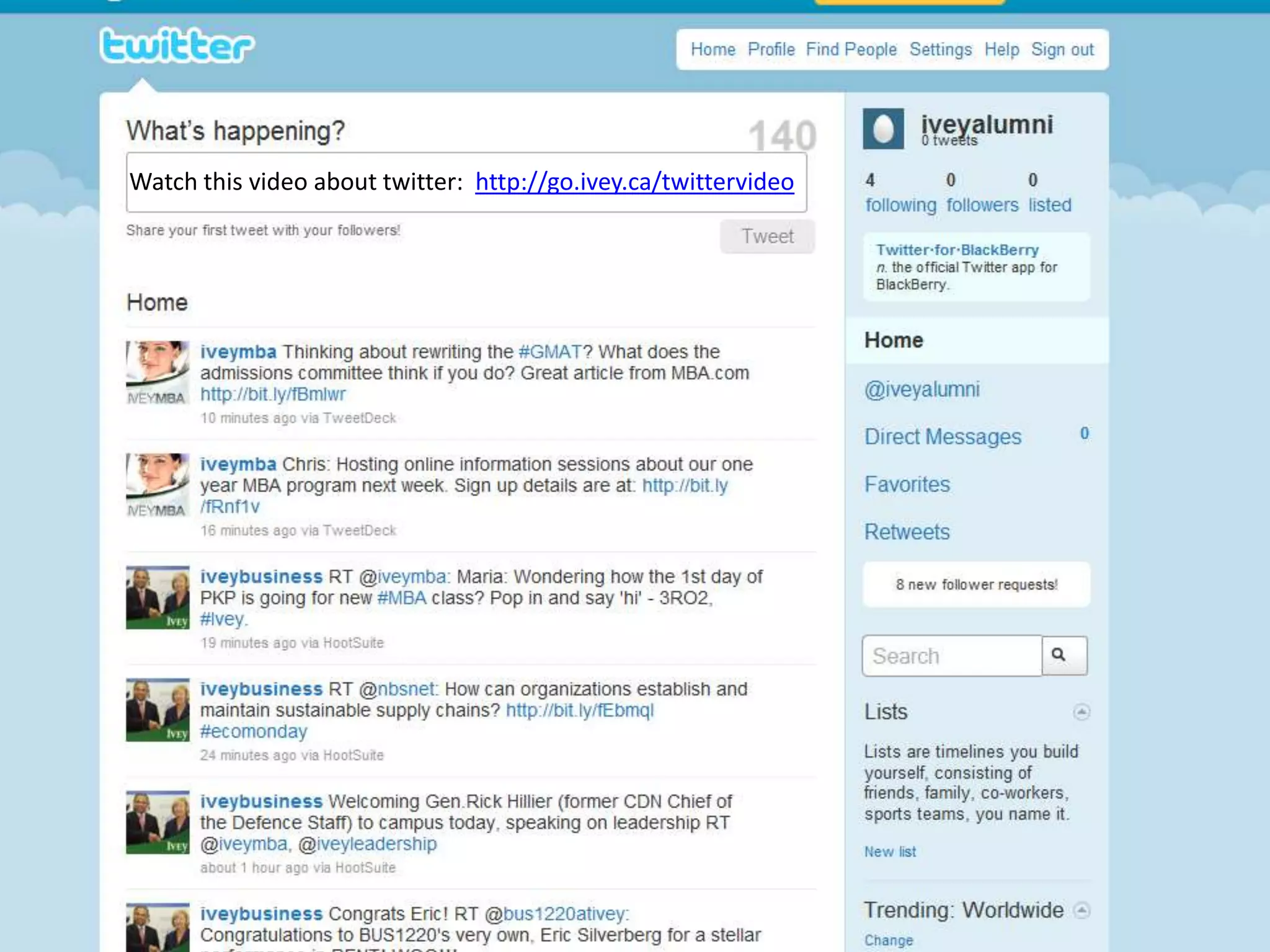 Watch this video about twitter: http://go.ivey.ca/twittervideo
 