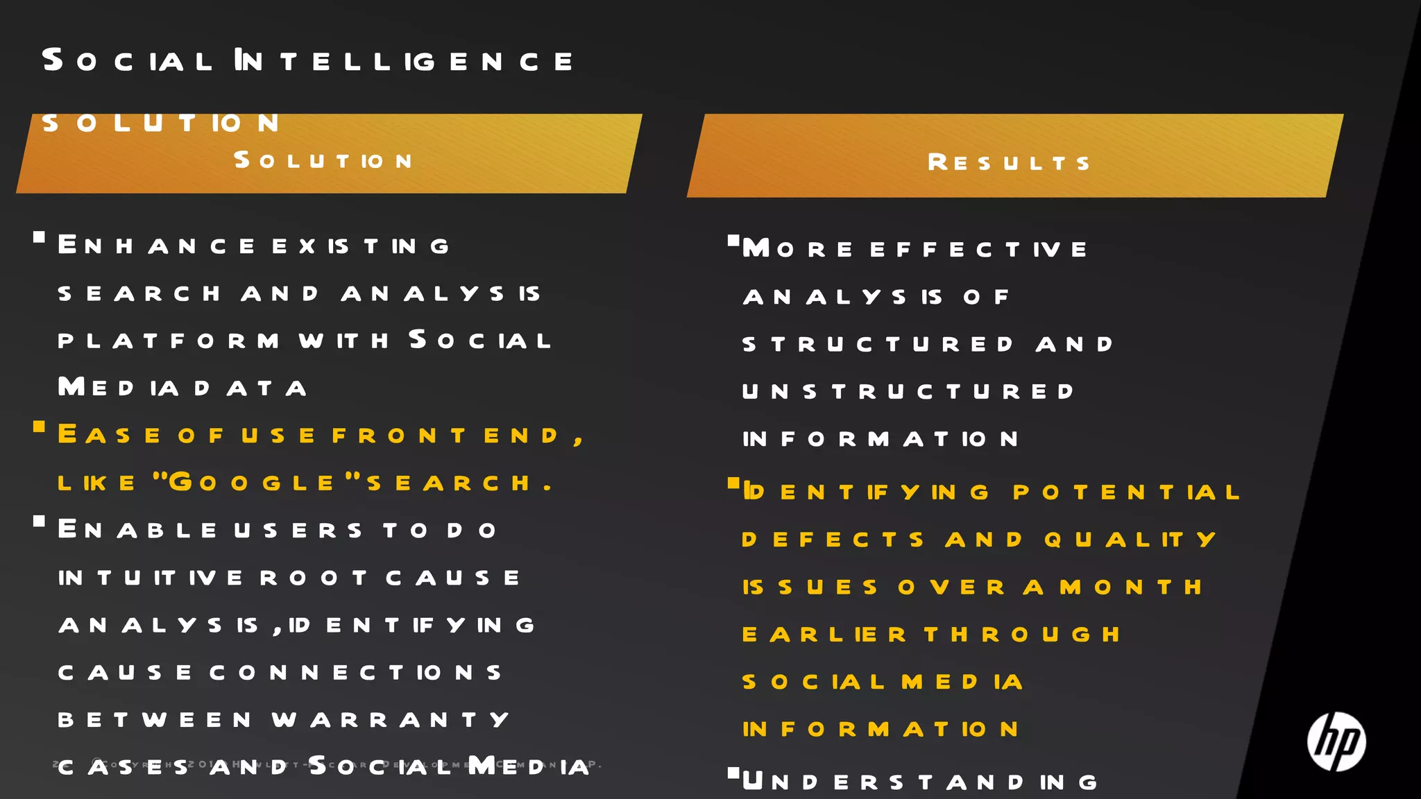 S o c ia l In t e l l ig e n c e
s o l u t io n
                                 S o l u t io n                                                                           Re s u l t s

 E n h a n c e e x is t in g                                                                               M o r e e f f e c t iv e
  s e a r c h a n d a n a l y s is                                                                           a n a l y s is o f
  p l a t f o r m w it h S o c ia l                                                                          s truc tured an d
  M e d ia d a t a                                                                                           unstructured
 Ea s e o f u s e f r o n t e n d ,                                                                         in f o r m a t io n
  l ik e “G o o g l e ” s e a r c h .                                                                       Id e n t if y in g p o t e n t ia l
 En a b l e u s e r s t o d o                                                                               d e f e c t s a n d q u a l it y
  in t u it iv e r o o t c a u s e                                                                           is s u e s o v e r a m o n t h
  a n a l y s is , id e n t if y in g                                                                        e a r l ie r t h r o u g h
  c a u s e c o n n e c t io n s                                                                             s o c ia l m e d ia
  betw een w arran ty                                                                                        in f o r m a t io n
  c a s e s a n d S o c ia l M e d ia
 22   ©C o p y r ig h t 2 0 1 0 H e w l e t t -P a c k a r d D e v e l o p m e n t C o m p a n y , L .P .
                                                                                                            U n d e r s t a n d in g
 