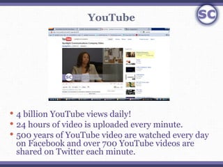 YouTube




 4 billion YouTube views daily!
 24 hours of video is uploaded every minute.
 500 years of YouTube video ar...