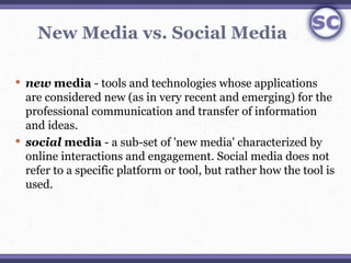 New Media vs. Social Media

 new media - tools and technologies whose applications 
  are considered new (as in very rece...