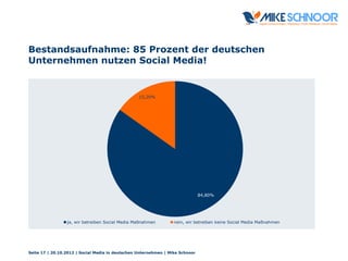 Bestandsaufnahme: 85 Prozent der deutschen
Unternehmen nutzen Social Media!
Seite 17 | 20.10.2012 | Social Media in deutsc...