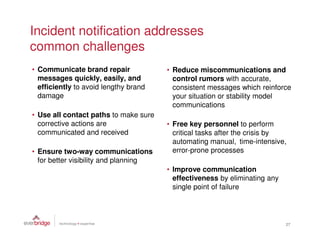 Incident notification addresses
common challenges
• Communicate brand repair             • Reduce miscommunications and
  messages quickly, easily, and          control rumors with accurate,
  efficiently to avoid lengthy brand     consistent messages which reinforce
  damage                                 your situation or stability model
                                         communications
• Use all contact paths to make sure
  corrective actions are               • Free key personnel to perform
  communicated and received              critical tasks after the crisis by
                                         automating manual, time-intensive,
• Ensure two-way communications          error-prone processes
  for better visibility and planning
                                       • Improve communication
                                         effectiveness by eliminating any
                                         single point of failure




                                                                            27
 