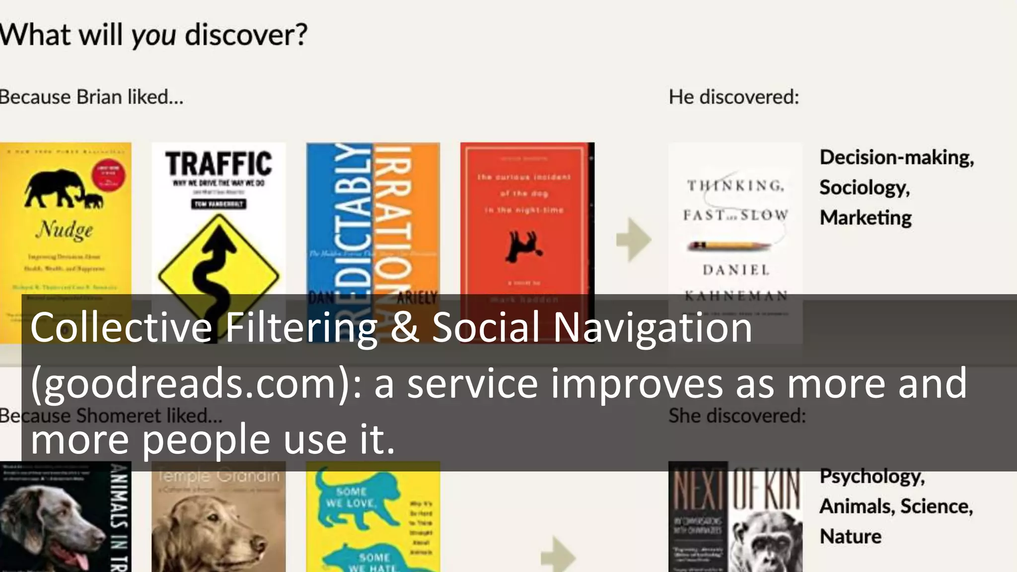 Collective Filtering & Social Navigation
(goodreads.com): a service improves as more and
more people use it.
 