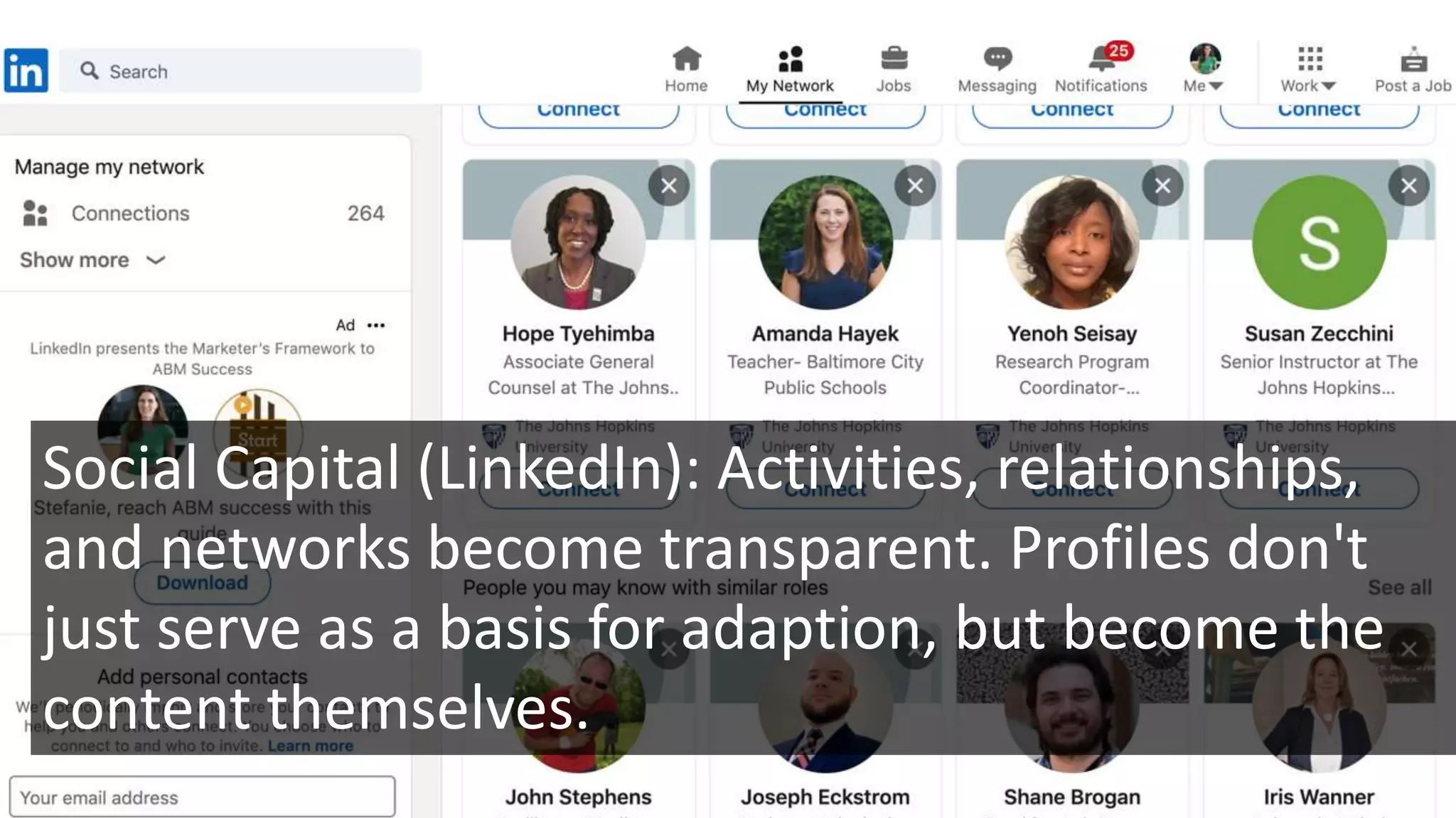 Social Capital (LinkedIn): Activities, relationships,
and networks become transparent. Profiles don't
just serve as a basis for adaption, but become the
content themselves.
 