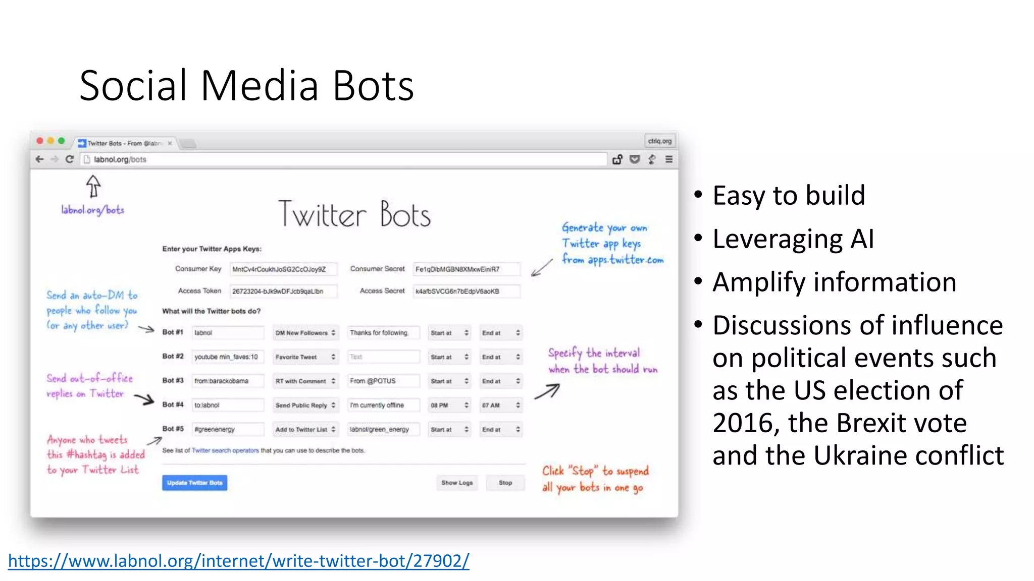 Social Media Bots
• Easy to build
• Leveraging AI
• Amplify information
• Discussions of influence
on political events such
as the US election of
2016, the Brexit vote
and the Ukraine conflict
https://www.labnol.org/internet/write-twitter-bot/27902/
 