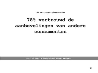 Social Media beïnvloed onze keuzes. 14% vertrouwd advertenties 78% vertrouwd de aanbevelingen van andere consumenten 