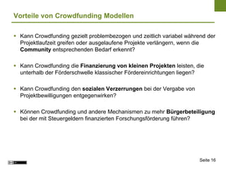 Vorteile von Crowdfunding Modellen

 Kann Crowdfunding gezielt problembezogen und zeitlich variabel während der
  Projekt...