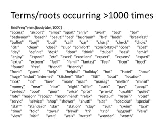Terms/roots occurring >1000 times
 findFreqTerms(bodytdm,1000)
"access" "airport" "amaz" "apart" "arriv"            "avail"     "bad"        "bar"
"bathroom" "beach" "beauti" "bed" "bedroom" "bit" "book"                      "breakfast"
"buffet" "burj"        "busi"    "call"    "car"      "charg"       "check"      "choic"
 "citi"   "clean"     "close" "club" "comfort" "comfortable" "cons"               "cost"
 "day"     "definit" "desk"       "door" "drink"          "dubai"      "easi"     "emir"
 "enjoy"    "especi" "etc" "excel" "excellent" "expect" "expens" "experi"
 "extra"    "extrem" "facil"       "famili" "fantast" "feel“          "floor"    "food"
 "found"     "free"     "friend" "friendly"
"front"    "guest"     "help"     "helpful" "holiday" "hot"             "hotel"     "hour"
"huge" "includ" "internet" "kitchen" "like"       "littl"     "locat"     "location"
"look"     "lot"     "love"     "main" "mall"        "manag"        "metro"      "minut"
"money"      "near"      "nice"    "night" "offer"      "park"       "pay"       "peopl"
"perfect" "pool"        "poor"     "price" "pros"        "provid" "qualiti" "quiet"
"rate" "reason" "recept" "recommend" "relax"            "restaur" "return" "road"
"servic" "service" "shop" "shower" "shuttl" "size"                 "spacious" "special"
 "staff"   "standard" "star"       "station" "stay"        "suit"      "swim"       "taxi"
 "time"     "told"     "towel"    "travel" "tri"         "trip"      "upgrad" "valu"
 "view"     "visit"   "wait"     "walk" "water"         "wonder" "worth"
 